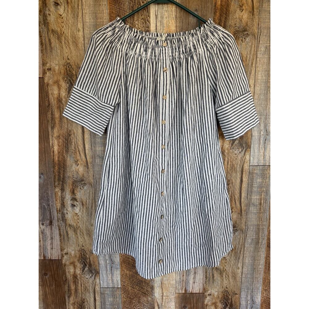 Paper Crane Women Small Striped Off Shoulder Top Button Front Boho Cotton Dress